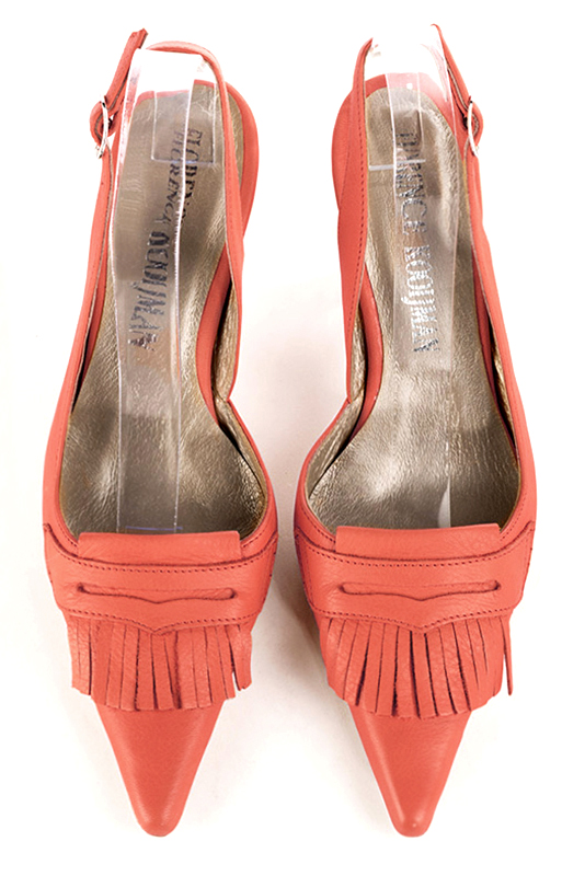 Coral orange women's slingback shoes. Pointed toe. High spool heels. Top view - Florence KOOIJMAN